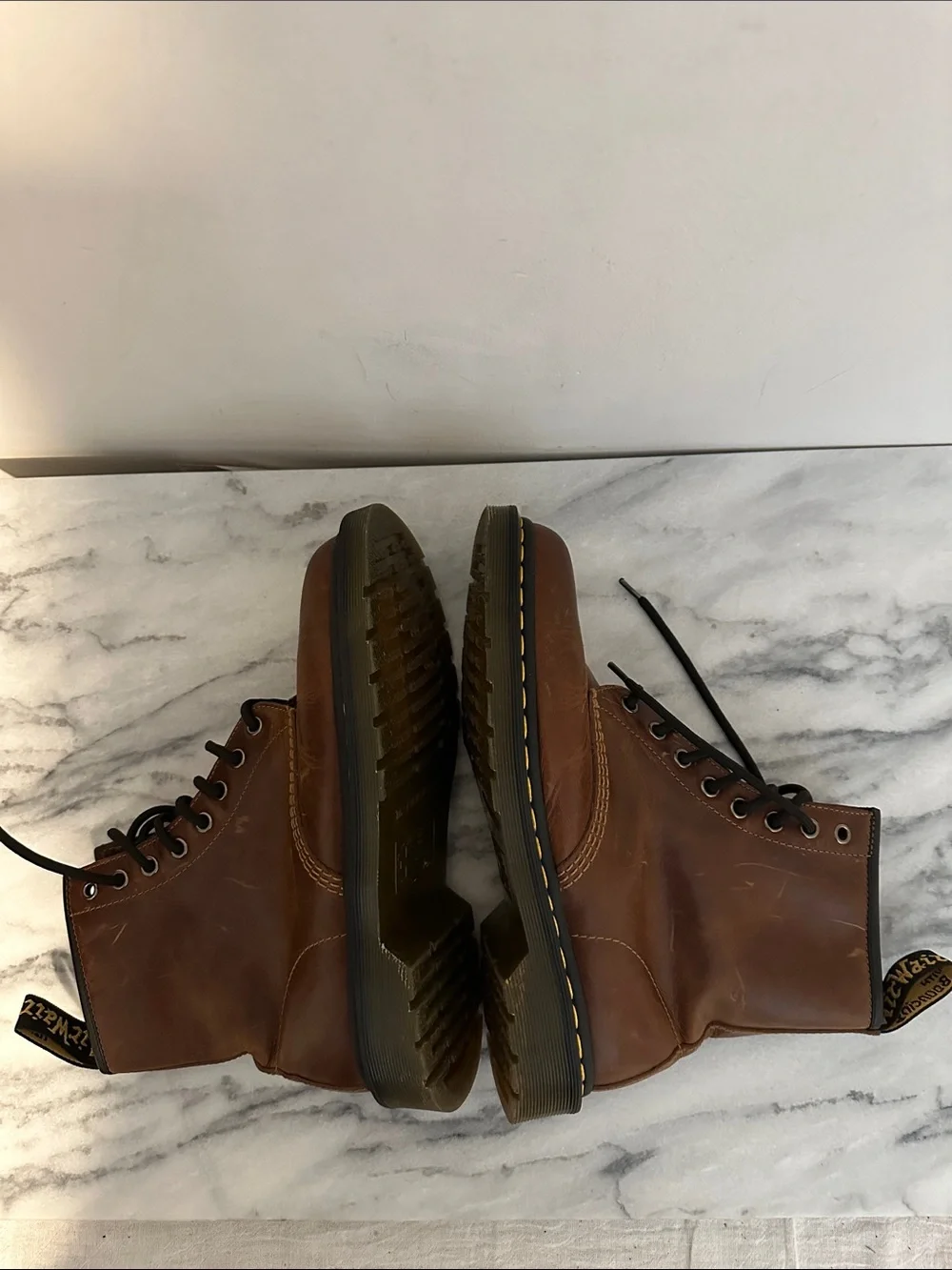 Dr. Martens Brown Leather 8-Eye Lace-Up Boots with Yellow Stitching size 9